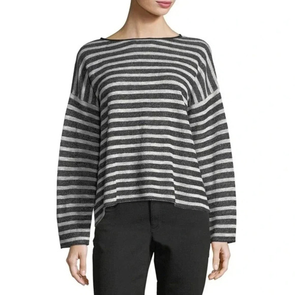 Eileen Fisher Terry Linen Blend Striped Button Back Oversized Pullover - Picture 1 of 7